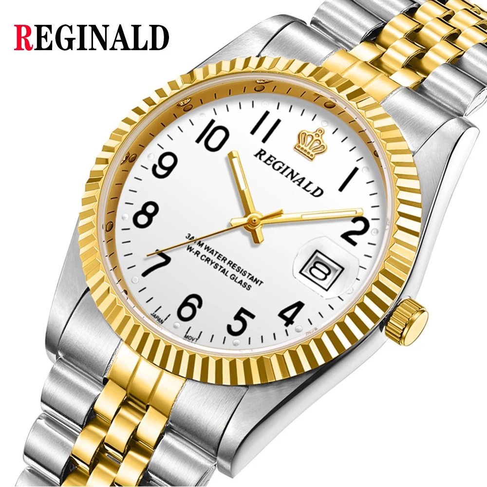 

REGINALD Mens Gold Silver Quartz Watch Women Unisex Size Red Stainless Steel Date Waterproof Wrist Watches Reloj Relogio 36mm