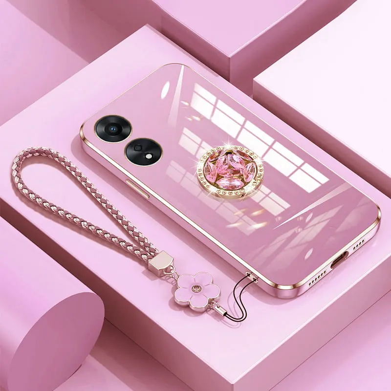 A98 5G Case with Lanyard,Luxury Diamond Holder Case For OPPO A98 A78 A77 A57S A17 A17k Reno10 pro 5G Cover Cases A 98 Stand Ring