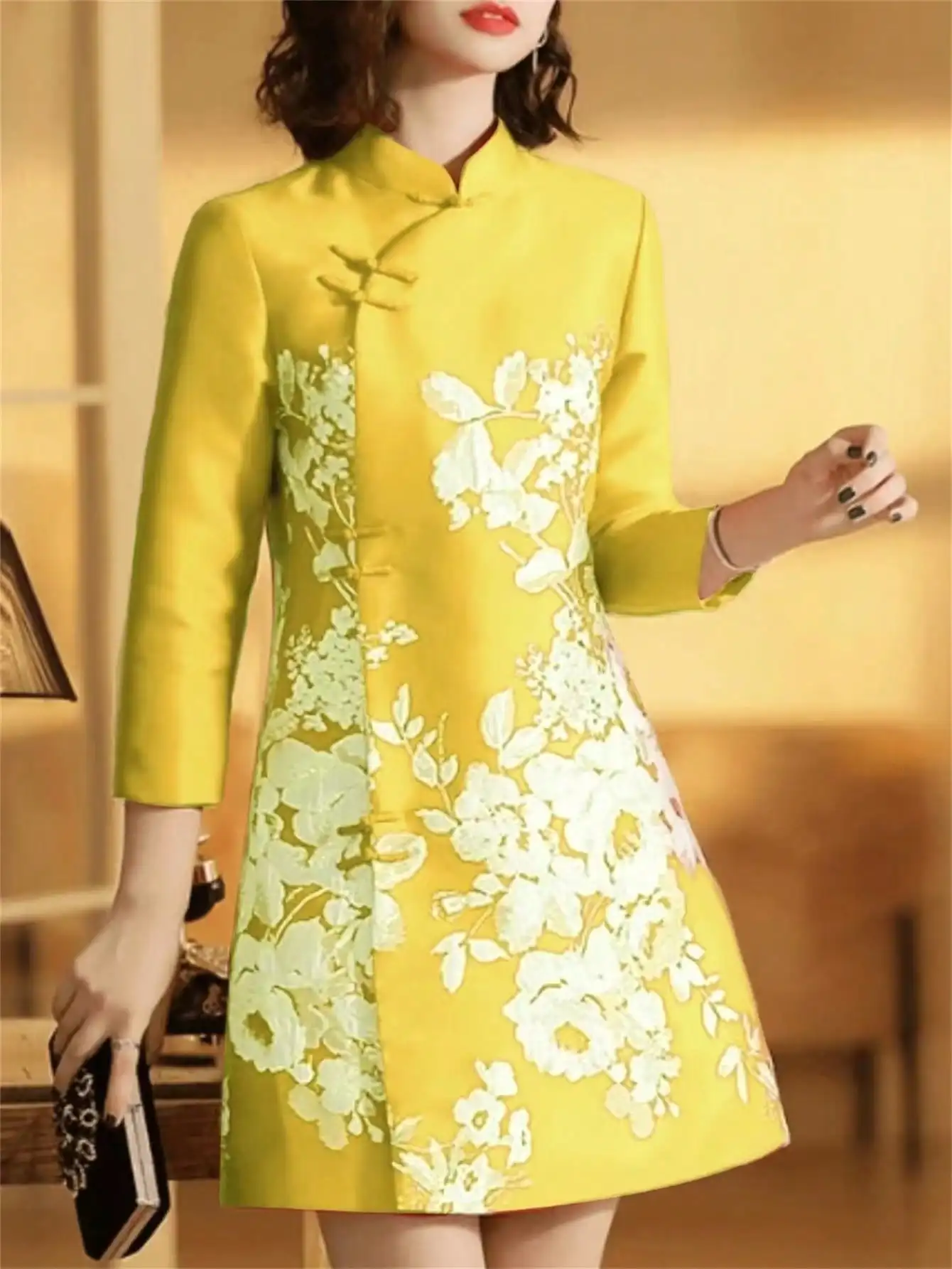 

Yellow Mandarin Collar Floral Embroidered A-Line Dress for Daily Wear
