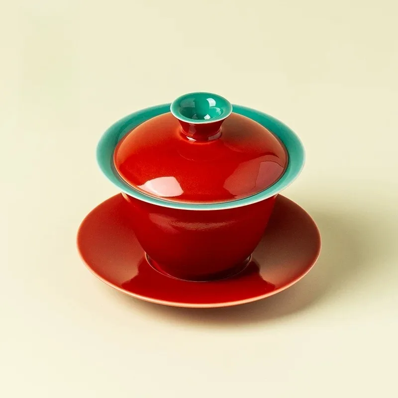 Palace Red Ceramic Gaiwan Tea Cup Heat Resistant Anti Scald Kung Fu Tea Bowl Chinese Traditional Offering Tea Ware Home Use
