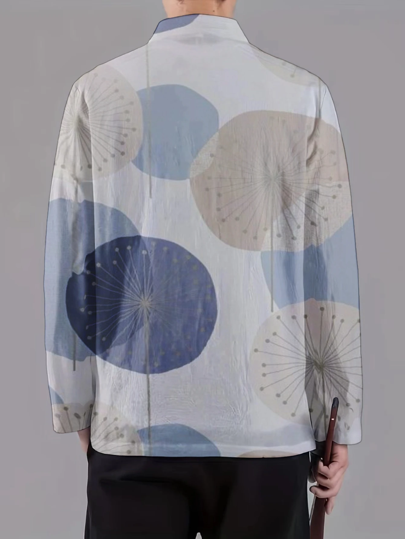 Men Mandarin Collar Frog Button Jacket Lotus Ikat Tribal Leaf Art Print Traditional Outerwear
