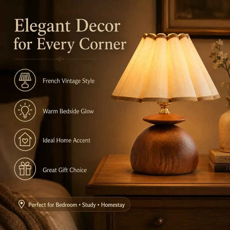 French Vintage Solid Wood Pleated Shade Bedside Decor with Warm or Three Color Light for Bedroom Study Hotel Ambient Table Lamp