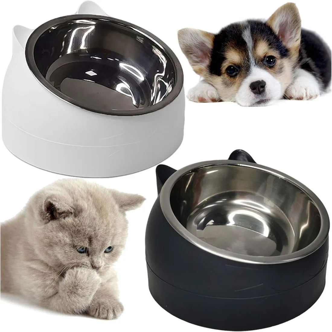 

Pet Food Dish Raised Tilted 15° Slanted Elevated Cat Feeder Non-Spill Anti-Slip Detachable Stainless Steel Bowl for Small Dog