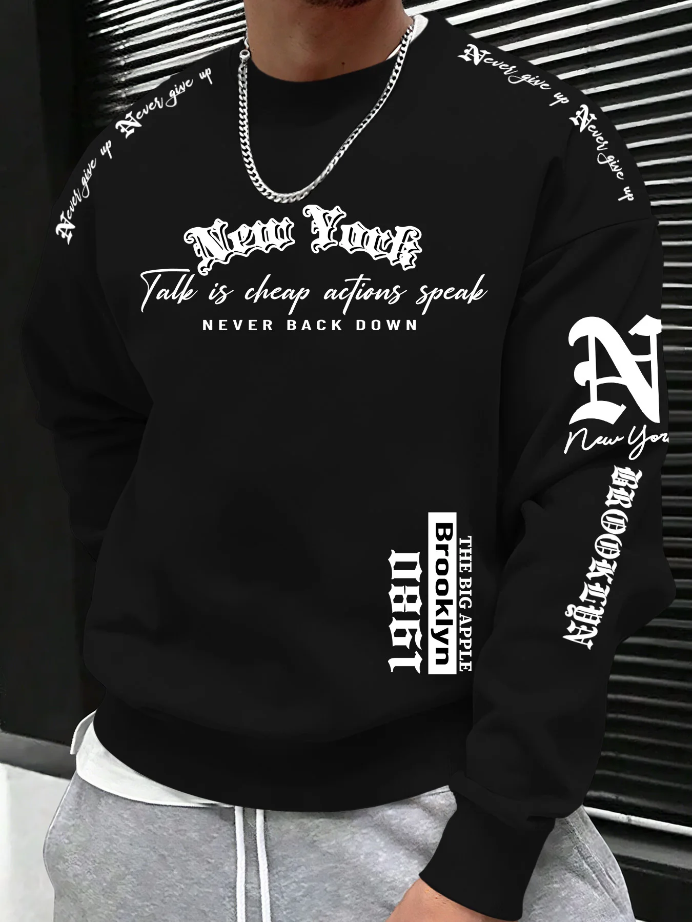 1980 Autumn Men's Retro New York Letter Printed Micro Elastic Comfortable Round Neck Long Sleeve Tshrit Outdoor Casual Top