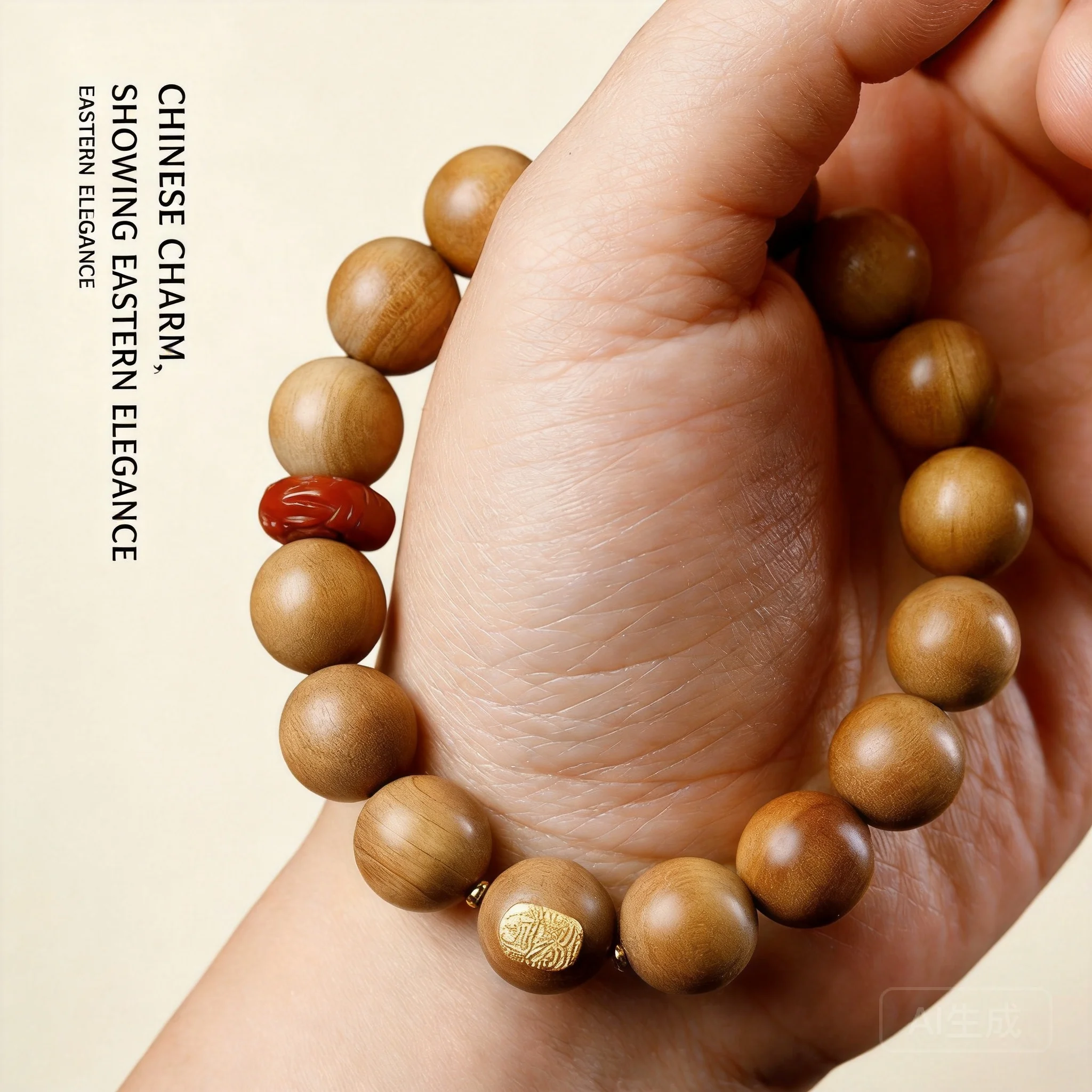 Chinese Style Lucky Wealth Blessing 12mm Old Mountain Sandalwood Bracelet Inlaid Zaki Ram With South Red Agate Unisex Prayer Mal