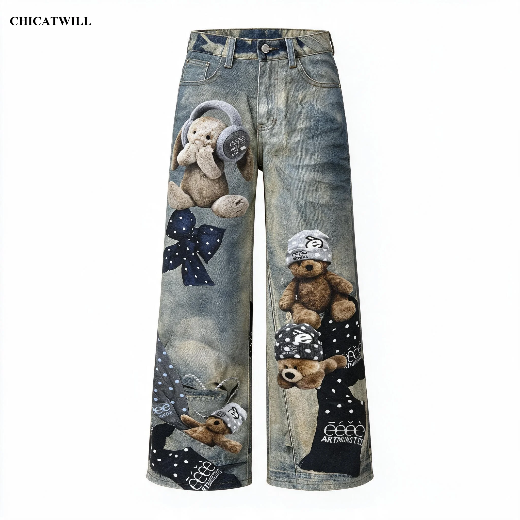 CHICATWILL Distressed Streetwear Straight Denim Jeans Women Vintage Vibe Cute 3D Bear Print Pants Stylish Woman's Jeans Trousers