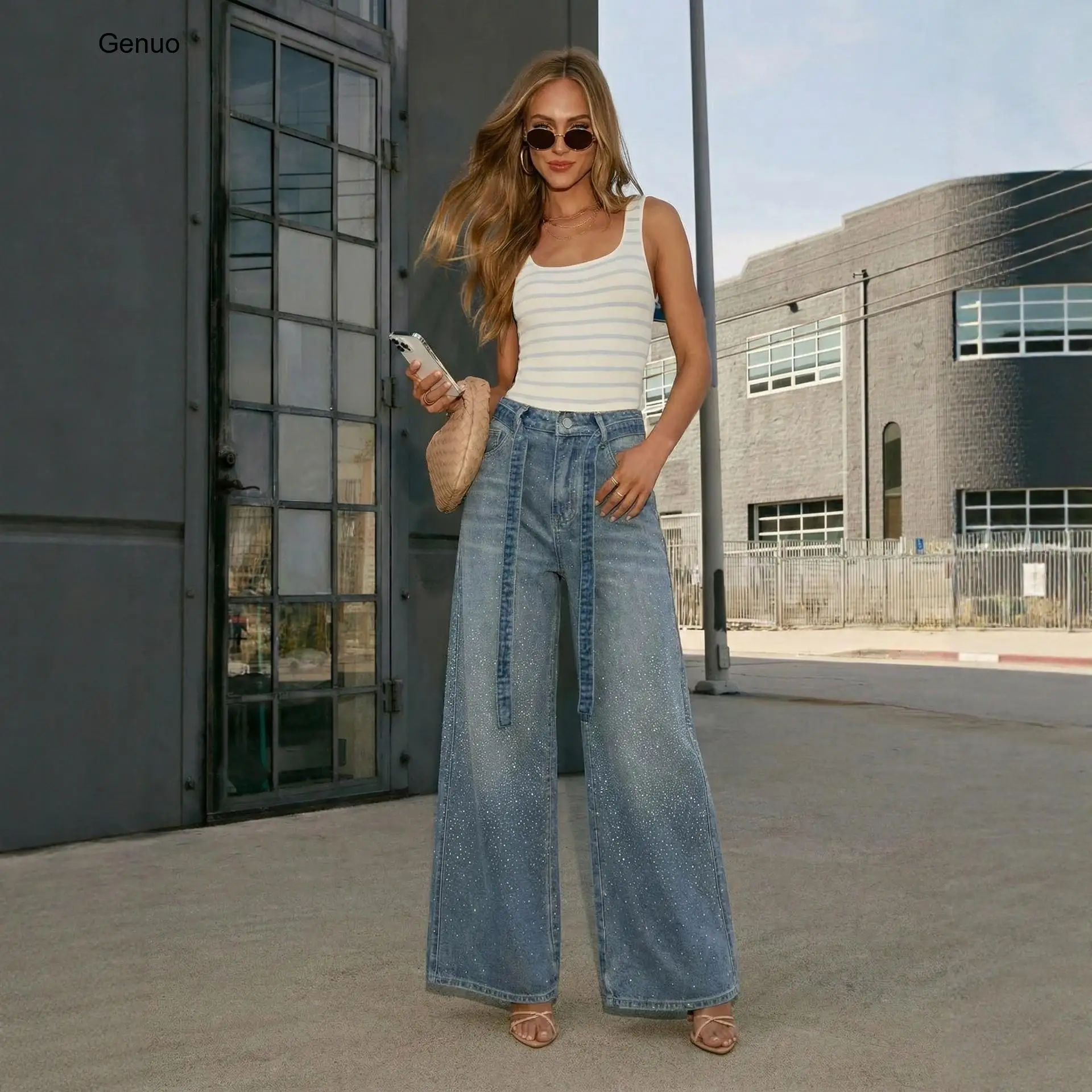2026 Rhinestone Embellished Tie Waist Wide Leg Denim Jeans High Waist Loose Floor Length Trousers