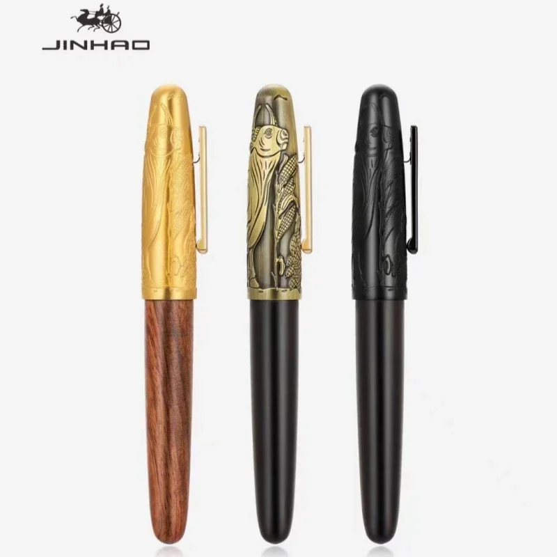 jinhao-9056-wood-fountain-pen-with-iron-cow-relief-carving-stationery-office-business-writing-calligraphy-pens-for-men's-gift