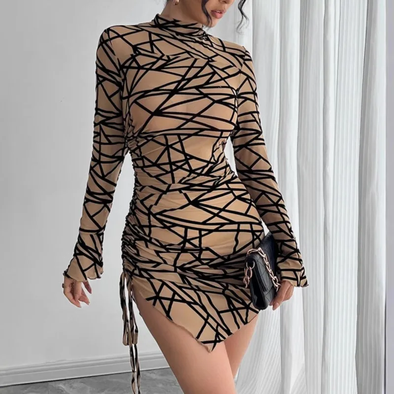 

Сексуальное мини-платье с принтом для женщин, модное платье с длинными рукавами и воротником-стойкой, облегающее, с высокой талией, на шнуровке, праздничная уличная одежда для женщин