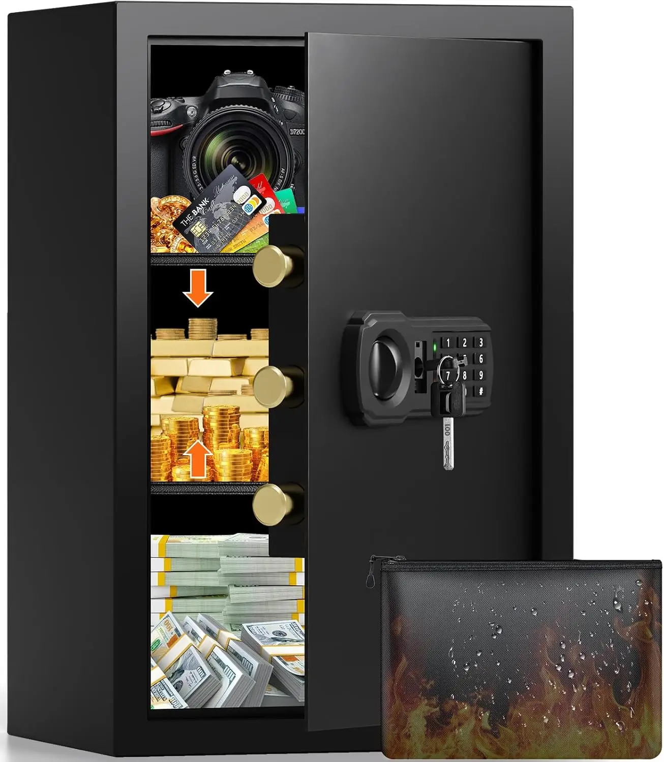 Large Safe Box Home Anti Theft Safe Fireproof Bag Steel Security Safe Keypad Lock Backup Keys External Power Supply Document Saf