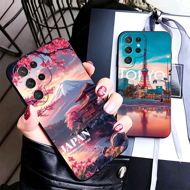 Osaka Tokyo Japan Scenery Silicone Phone Case for Samsung Galaxy S24 S26 Ultra S25 Edge S23 Plus S22 + S21 S20 FE 5G Black Soft