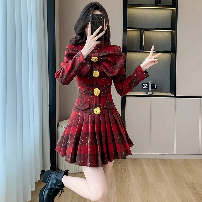 New Autumn Winter Plaid Wool Stand Collar Party Mini Dress Sweet Women Chic Big Bow Gold Buttons High Waist Slim Short Vestidos