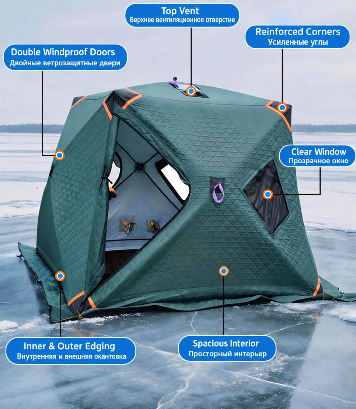 3-4 Person Pop-Up Ice Fishing Tent, Portable Windproof Winter Shelter, Hexagon Ice Shanty for Outdoor Fishing & Camping