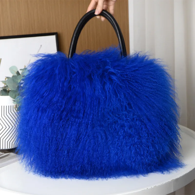 

Real Mongolian Fur Tote Bags Women Winter Fashion Thick Fluffy Fur Handbags