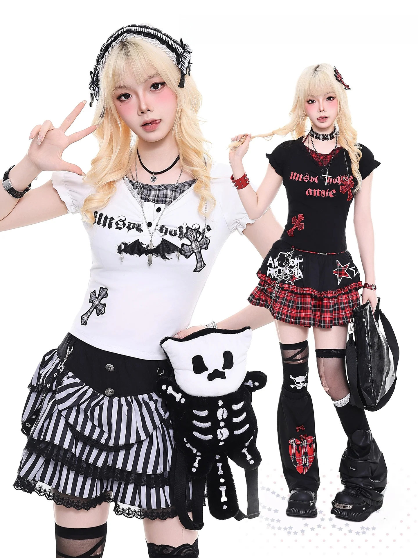 

Slim Fit Short Sleeve T-Shirt Women's Summer Punk Style Cross Pattern Splicing Fake Two-Piece Top Light Asian Style Streetwear
