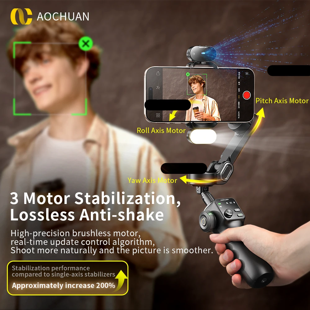 AOCHUAN 3-Axis Handheld Gimbal Phone Stabilizer with Extension Rod  8.0 Anti Shake Face Tracking for Phone Outdoor Shooting Vlog