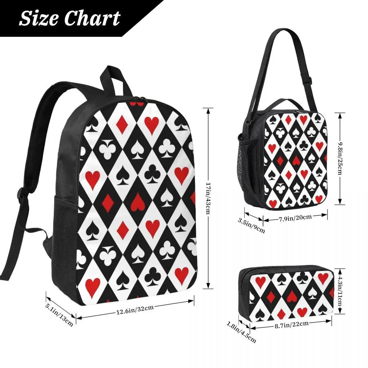 Playing Cards Suit Symbols Backpack Boys Girls BookBag School Bag Laptop Shoulder Bags 3ps Insulated Lunch Bag Pencil Case