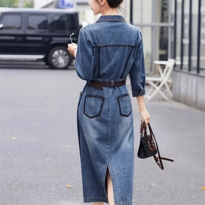 الكورية الإناث كاوبوي فستان ربيع الخريف المرأة فضفاضة الدنيم Vestidos السيدات موضة الترفيه الجينز قمصان فساتين طويلة حزام