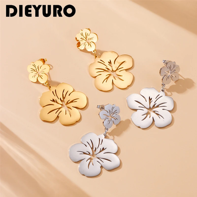 DIEYURO 316L Stainless Steel Golden Colour Five-petaled Flowers Earrings Fashion Cherry Blossom Earbob Jewelry Party Friend Gift