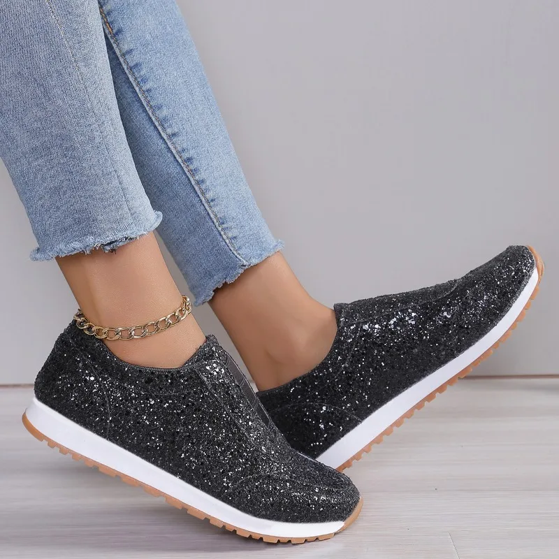 2024 Autumn New Fashion Slip-on Low-heeled Women\'s Sneakers Gold Silver Trend Sport Shoes Ladies Outdoor Casual Walking Shoes