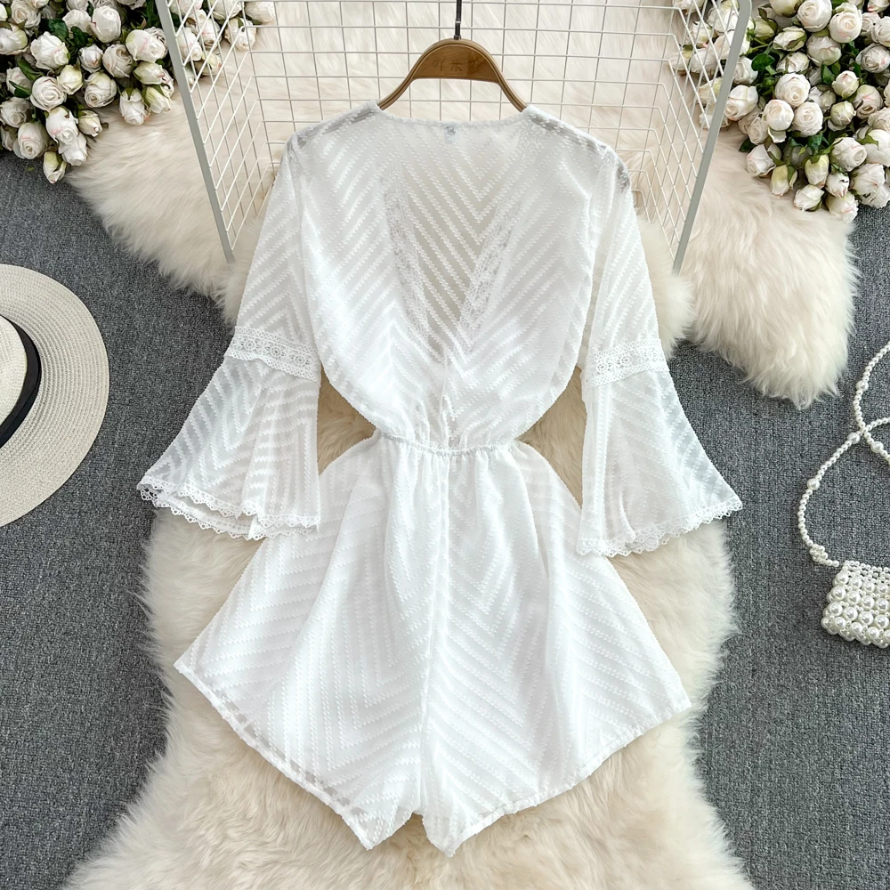 2023 Summer Fashion Flare Sleeves V-Neck Beach Resort Dress Perspective Waist Slim Wide Leg Shorts One Piece Trouser Dress