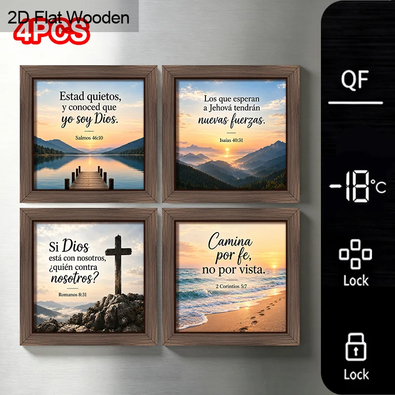 4Pcs Wooden Fridge Magnets, Spanish Bible Verse Mountain Lake Beach Cross Religious Refrigerator Sticker, Christian