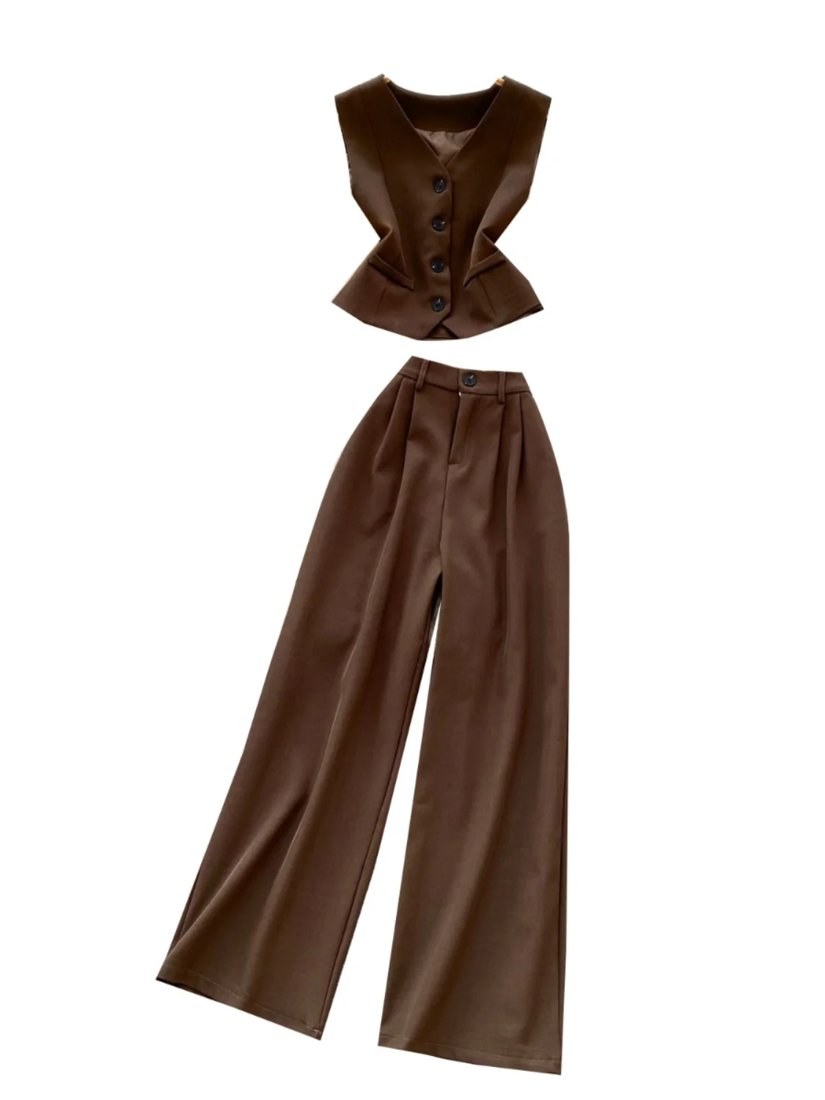 

Faionable OL Commute Suit Women's Waist-Cinching V-ne Svel Open Cardigan Vest High Waist Pleated Wide Leg Suit Pants