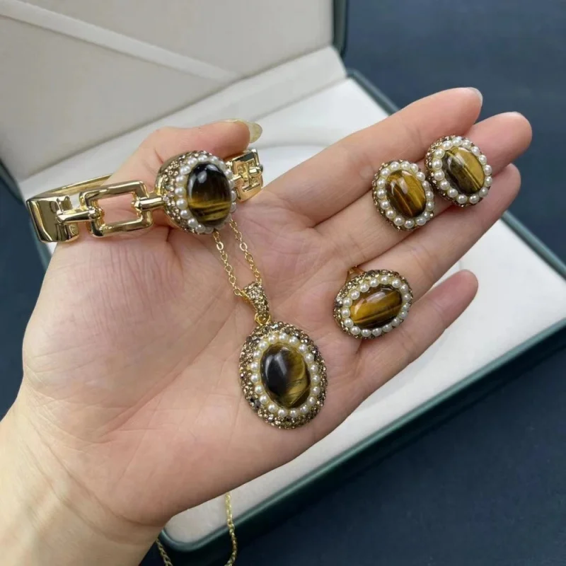 

Natural Tiger Eye Stone Necklace, Earrings, Rings, Women'S Jewelry Set, Handmade Rhinestones, Exquisite Accessories For Ladies