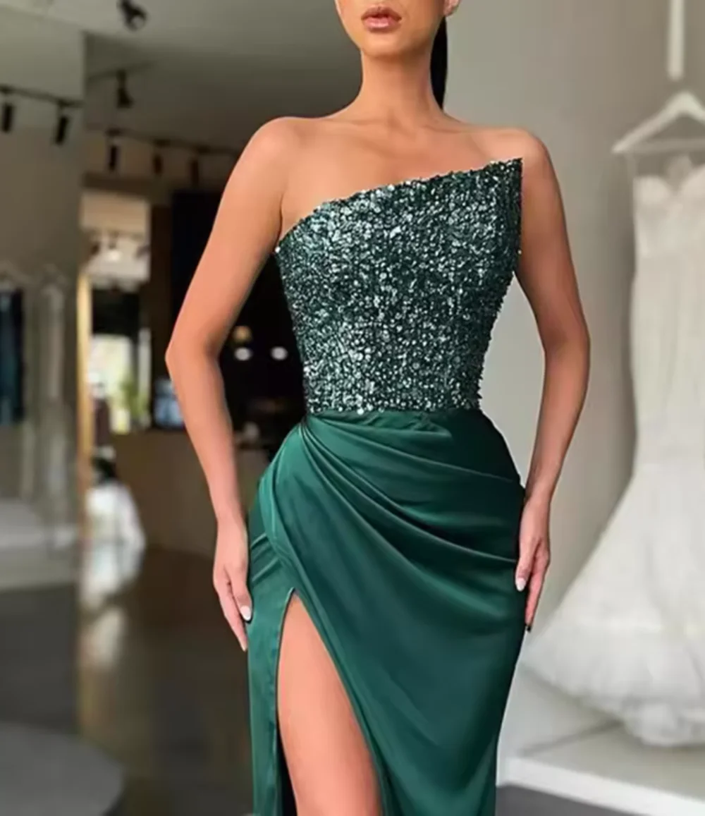 فستان سهرة مثير حورية البحر بدون حمالات من الساتان المتألق ترتر طويل لحفلات الكوكتيل سويب تراين فتحة عالية 2025 مخصص مجاني #3