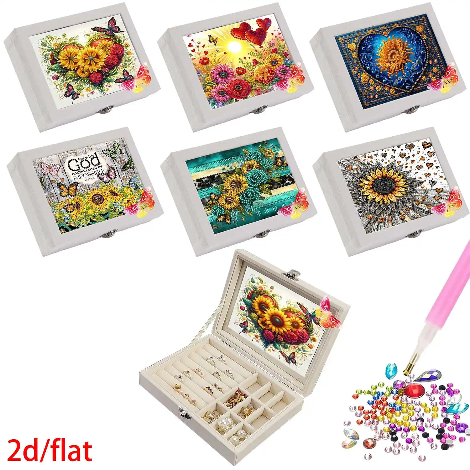 

A DIY colored diamond jewelry box set, featuring a colorful sunflower design, portable storage box.