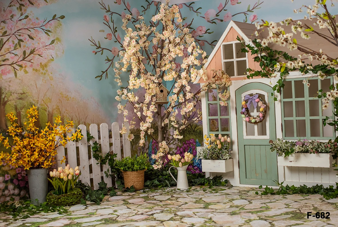 การถ่ายภาพพื้นหลังฤดูใบไม้ผลิไข่ที่มีสีสันรั้วสวนดอกไม้เด็ก Portrai ตกแต่งฉากหลัง Photo Studio