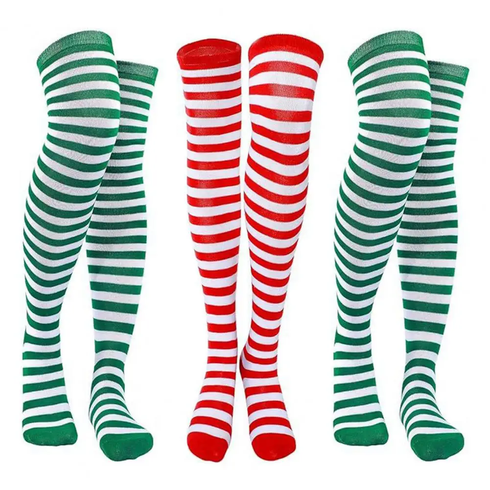 Over-the-knee Striped Socks Holiday Christmas Striped Stockings Over Knee Length Thigh Socks for Stage Performance Parties Green