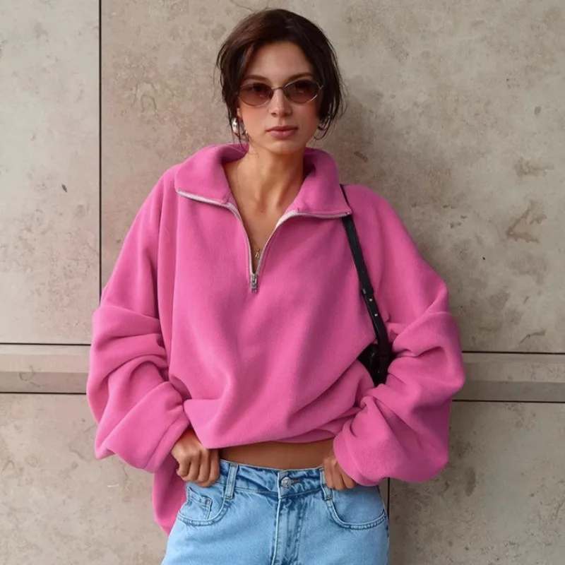 Rose Pink Winter Lamb Fleece Hoodie Sweatshirt  Women Loose Thick Zipper Long Sleeve Lapel Pullover Tops Lady Hoodies Streetwear