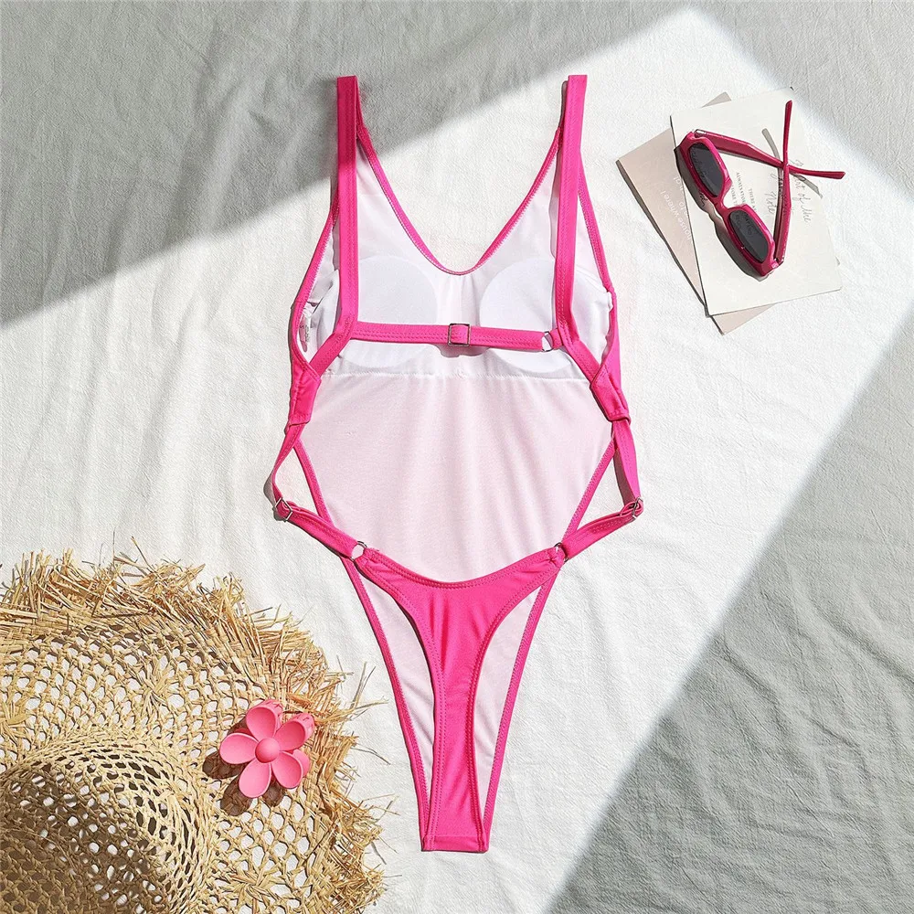 Sexy Backless Swimsuit Monokini Women One Piece Swimwear Solid Rose Red Bathers High Cut Bathing Suit Beach Swimming Wear 2026