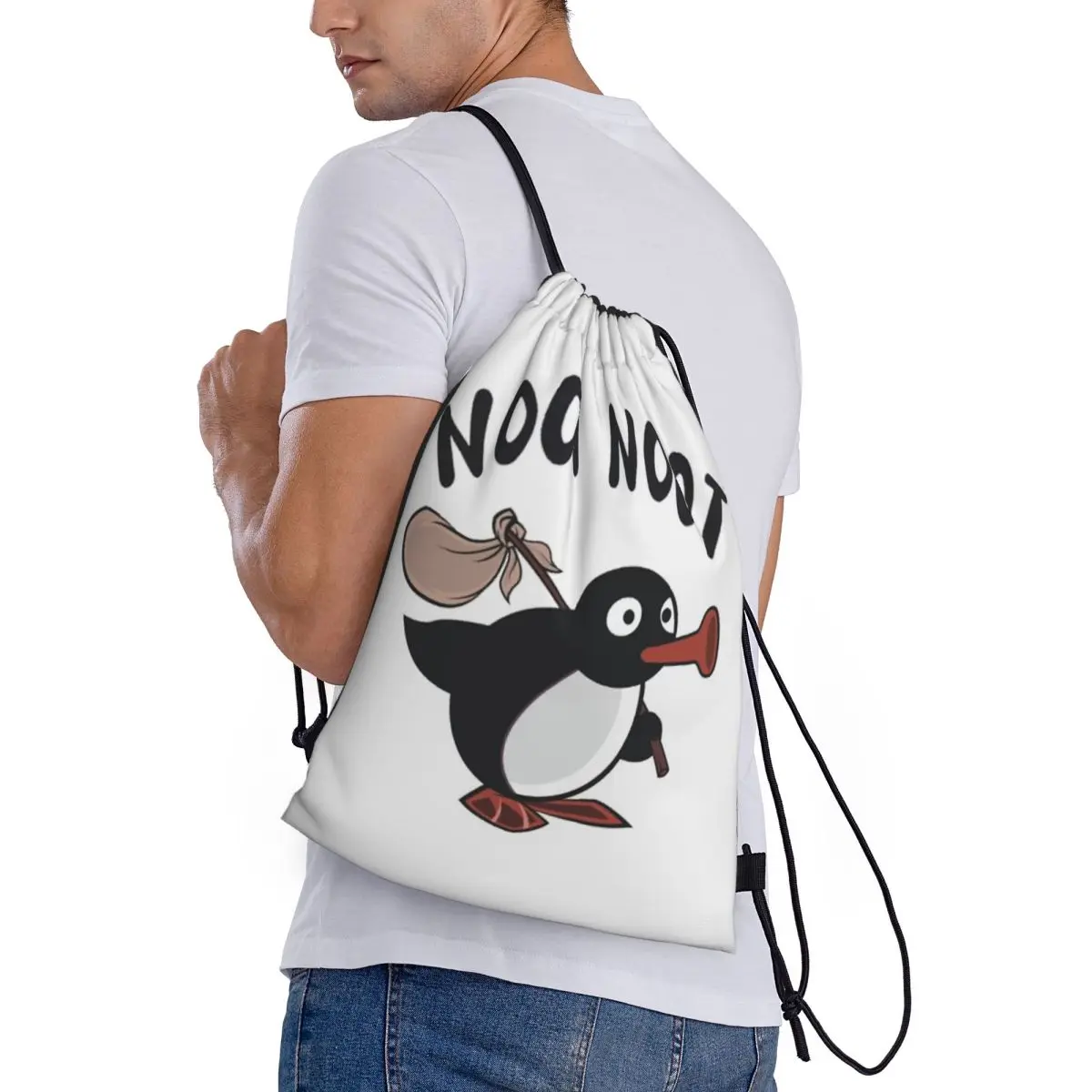 

Cute Pingu Penguin Fishing Backpacks Fashion Drawstring Bundle Pocket Storage Bag Book Bags for Travel School