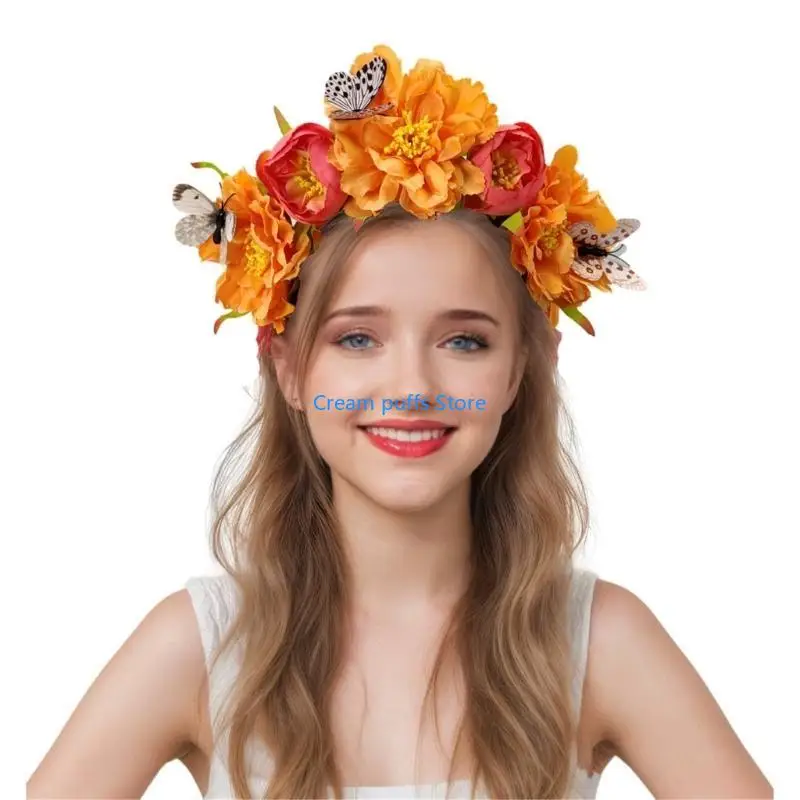50Le Butterfly Flower Headband voor bruiloft Bruid Ethnic Mexico Haarband Cosplay Kostuum kopstuk Volwassen muziekfestival