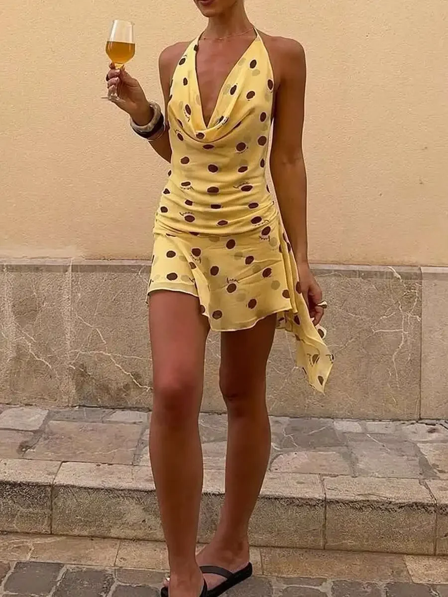 Yellow Polka Dot Halter Neck Ruffle Hem Mini Dress Casual Bohemian Summer