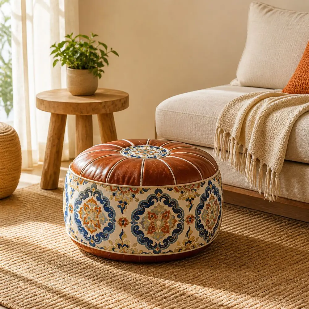 Boho Pattern Ottoman Pouf Fillable Design Large Opening Footstool Cover Water Resistant PU Leather Round Pouf Cover Living Room