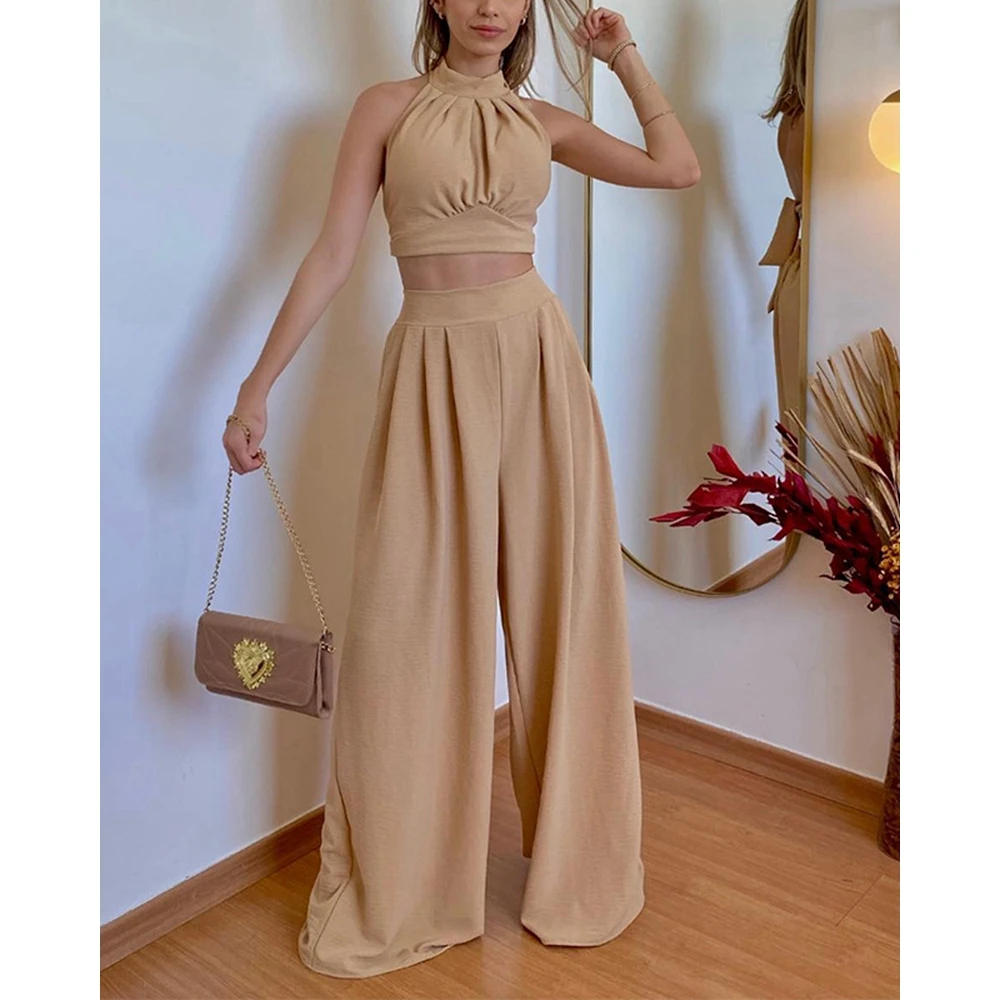 

Women Halter Backless Ruched Crop Top & High Waist Wide Leg Pants Set Causal Two Pieces Sexy Solid Pants Suit Summer Clothing