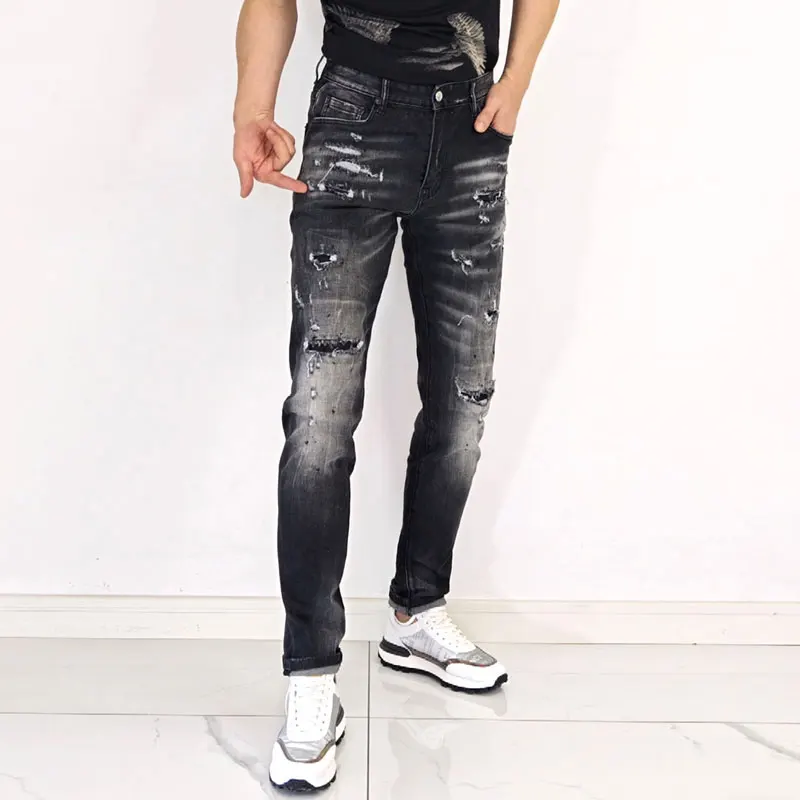 Fashionable new black gray men\'s jeans, high street trendy hip-hop brand, high-quality stretch slim fit jeans, washed with water