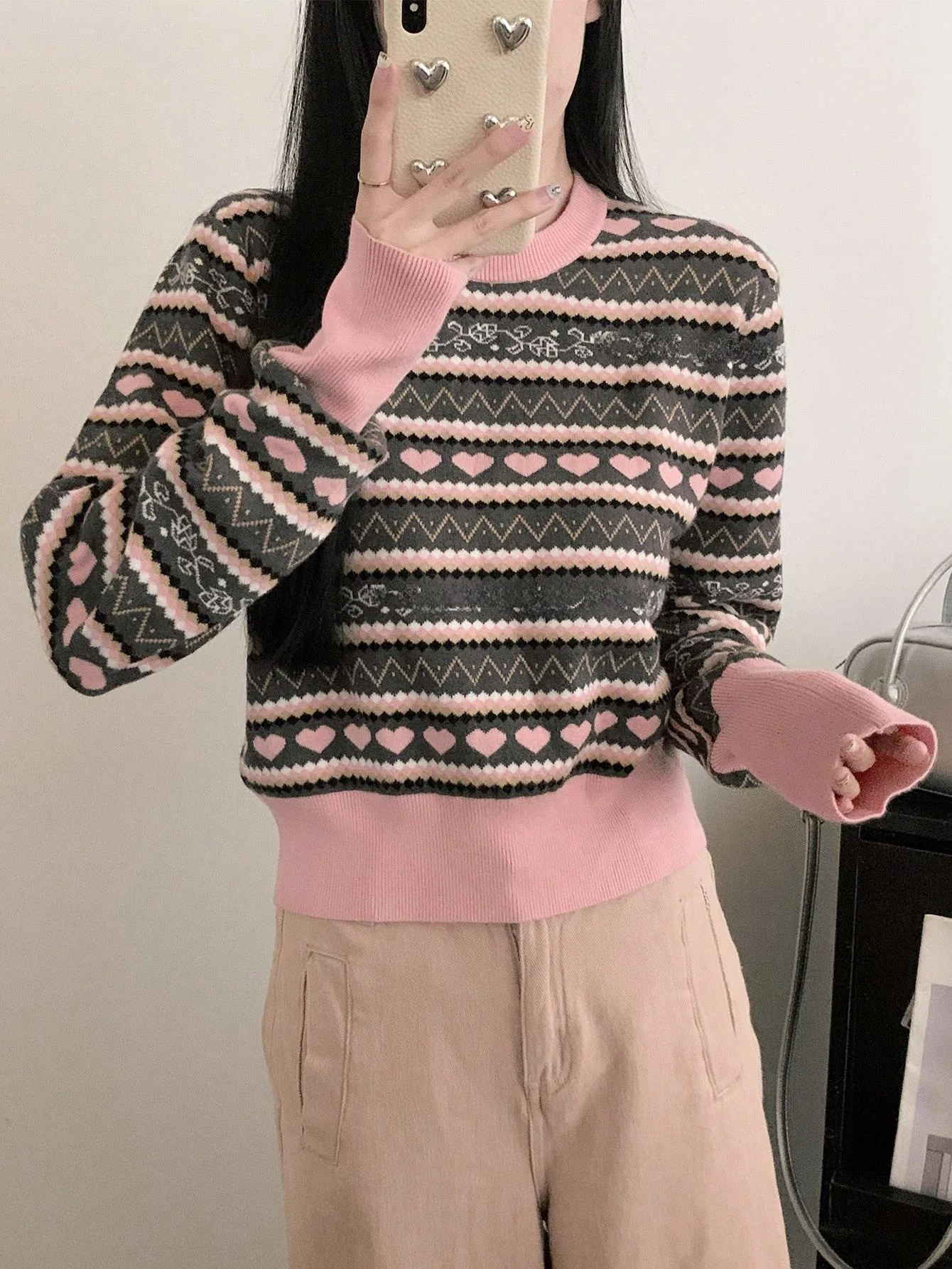 

Pink Heart Sweater Women's Sle Soft Fluffy Knitted irt Spring Autumn Wear Comfortable Warm round Ne Long Sve Loose Fit
