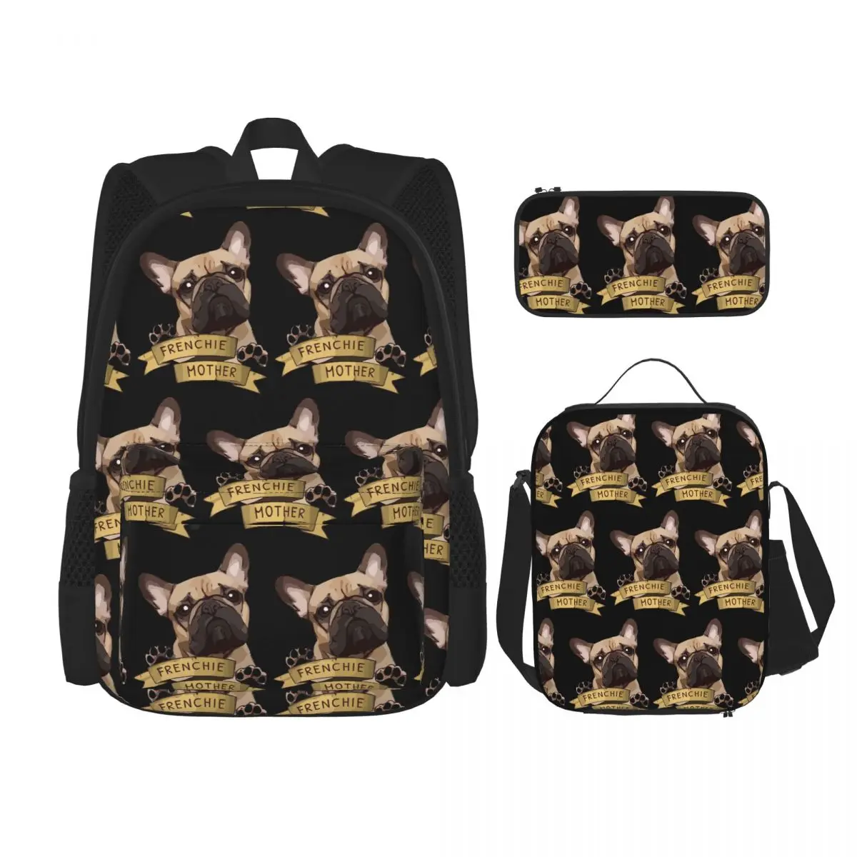 Best Frenchie French Bulldog Dog Lovers Backpacks Students Bookbag School Bags Rucksack Lunch Bag Pen Bag Three-Piece Set