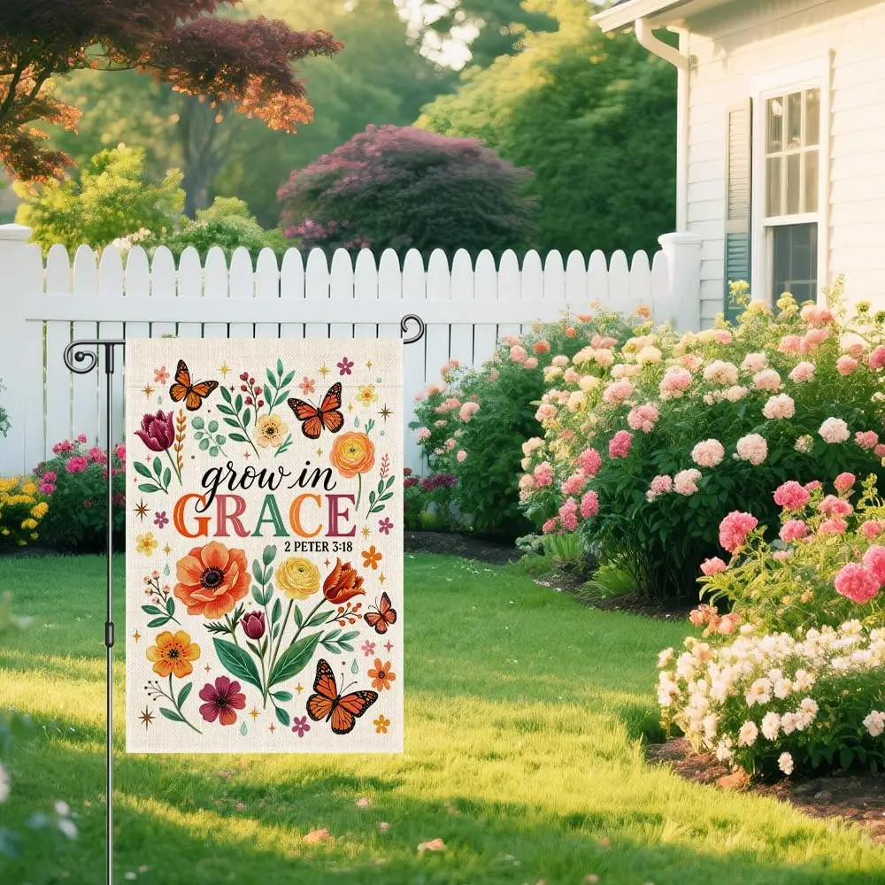 Grow In Grace 2 Peter 3:18 Christian Garden Flag for Outside, Floral Butterfly Banner, Religious Faith Yard Sign, Housewarmi yyi