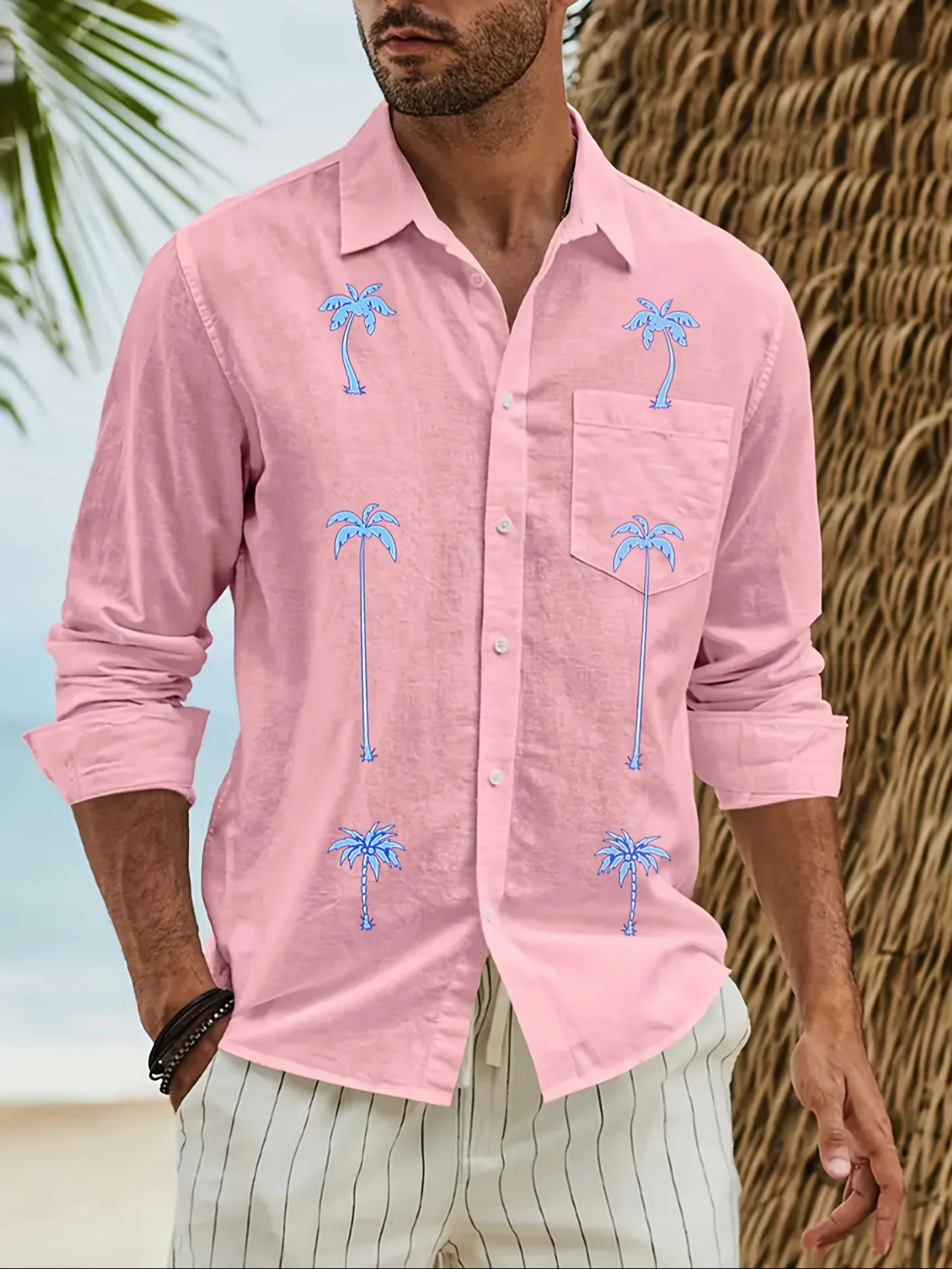 

New hot-selling men's long-sleeved shirt summer solid color lapel casual coconut tree 3D beach style men's shirt M-3XL