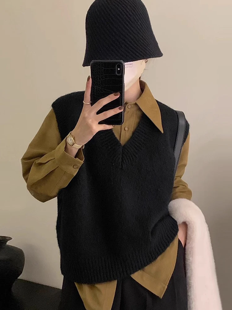 Frauen Gestrickte V-Ne Pullover Weste Lose Faul Sle Schichtung High-End-Gefühl Top Herbst Winter Neue Ankunft Casual süße Sle