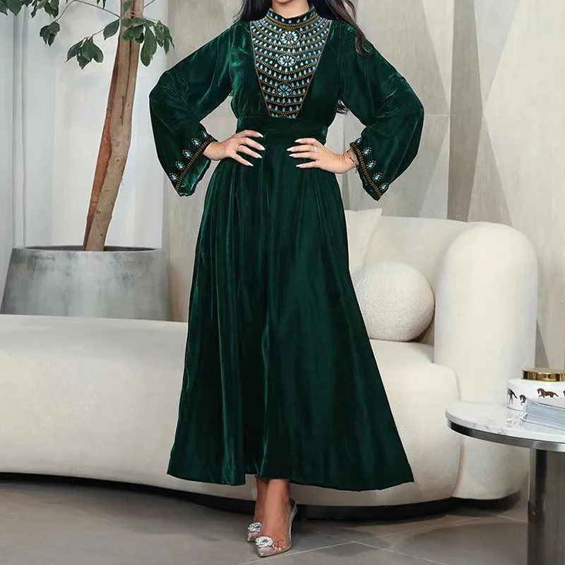 High Quality Winter New Muslim Dubai Suede Dinner Dress Robe Blue Water Drop Rhinestone Jalabia Women's Dresses