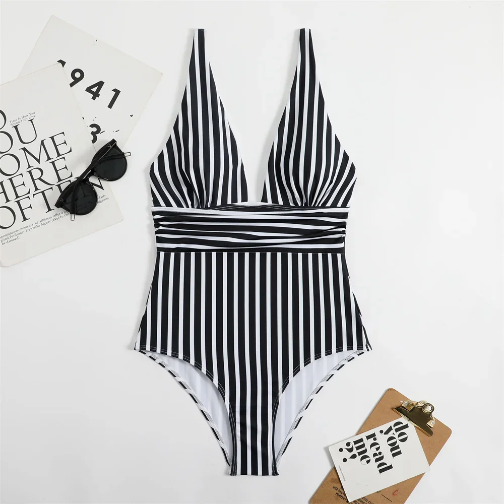 Bikini a rayas Vintage de cintura alta con escote en V profundo, traje de baño Monokini Y2K para vacaciones, traje de baño de una pieza para mujer, traje de baño de playa de tendencia