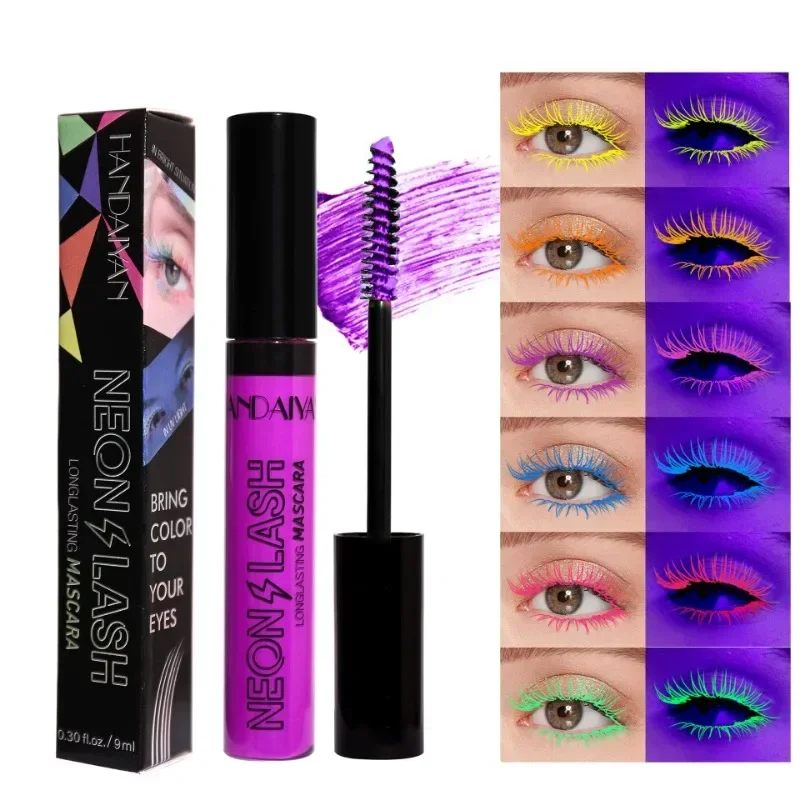 Máscara fluorescente de colores para fiesta, rímel luminoso resistente al agua, maquillaje de Ojos de vacaciones, pestañas amarillas y rosas que brillan en la oscuridad