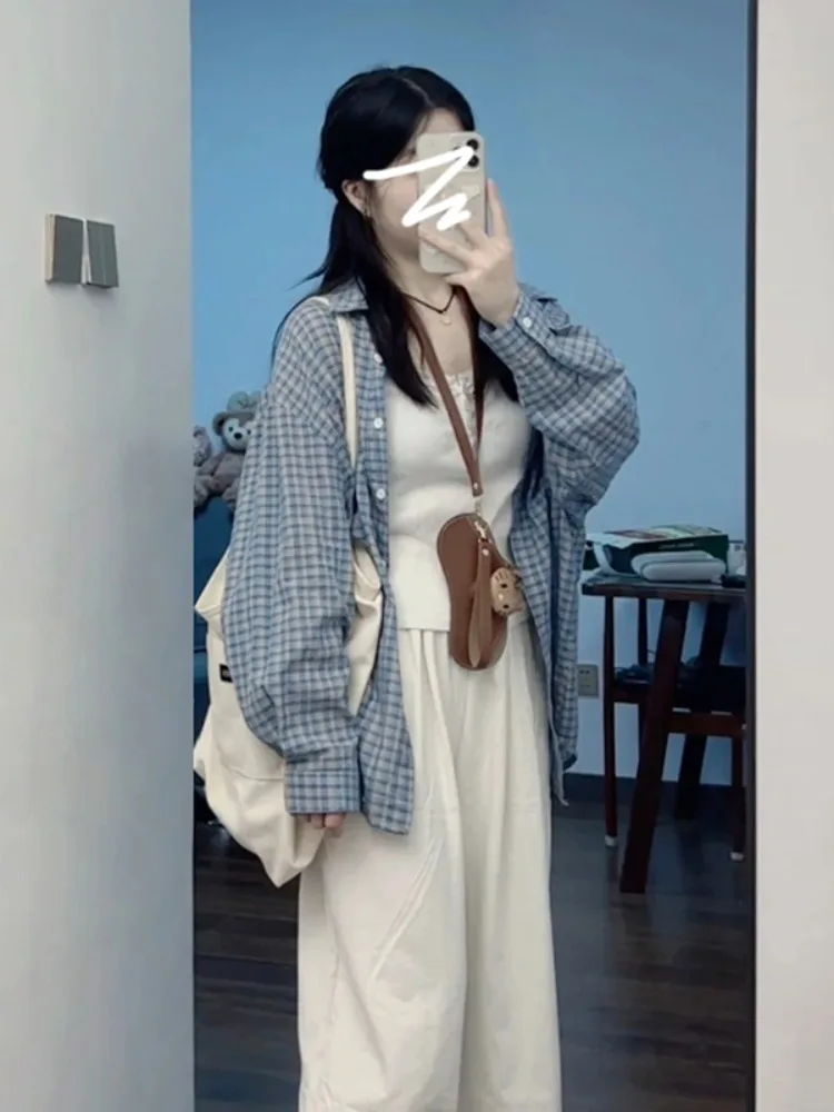 

Синий клетчатый топ с воротником, длинный свободный повседневный женский весенне-осенний жакет, модный универсальный из хлопка и полиэстера...