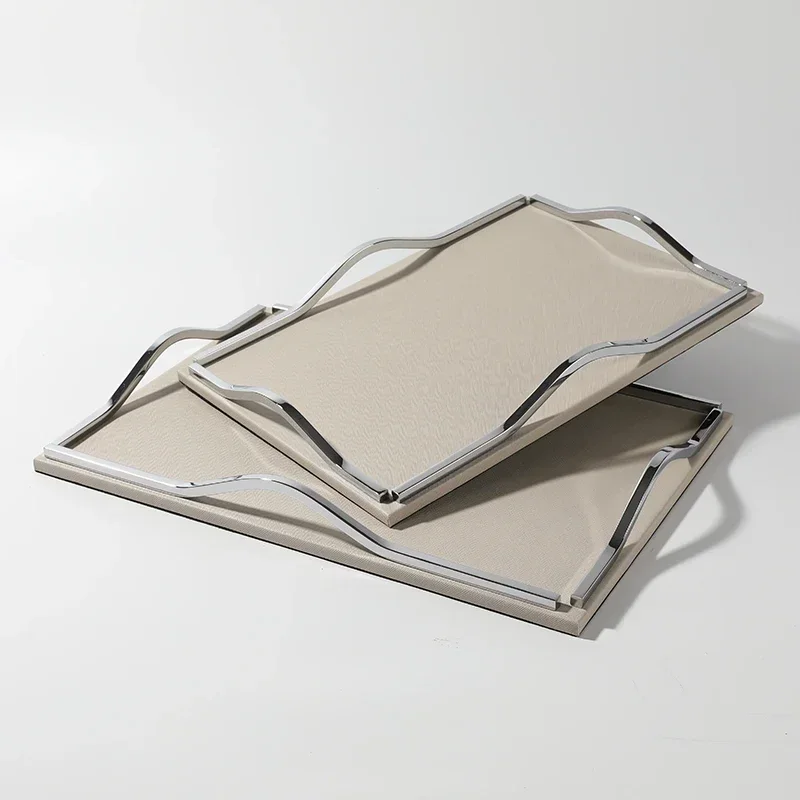 

Soft packaging Nordic beige leather metal tray commercial light luxury high-end ornament living room coffee table storage tray